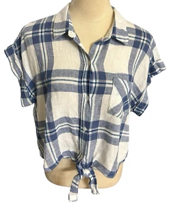 Rails Amelie Linen Rayon Tie Front Button Down Shirt Lapis Coast Blue White Sz L - Picture 1 of 8