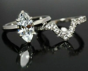 Marquise 2.95 CT Simulated Sapphire 925 Sterling Silver Wedding Unique Ring Set - Picture 1 of 2