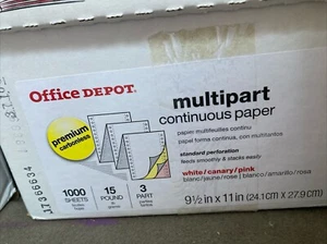 Continuous MultiPart Paper 9.5"x11" 1000 Sheets White Yellow Pink Office Depot - Picture 1 of 4