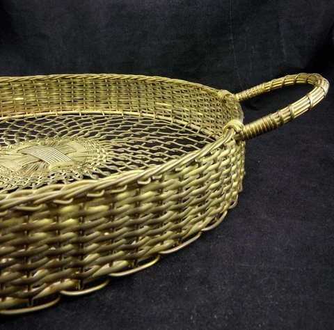 18" Vintage Woven Metal Tray Basket With Handles Brass? Wire Gold-Colored Cover