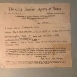 vacancy for school teacher announcement - Woodstock CT - 1962 Cary Agency Boston - Picture 1 of 2