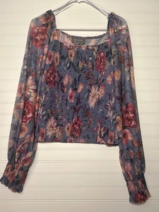 Top Anthropologie Rouen para mujer grande púrpura estampado floral manga larga calado - Imagen 1 de 8