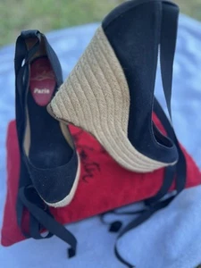 CHRISTIAN LOUBOUTIN Formentera Black Ankle Wrap Wedge Espadrilles Size 37 / 6.5 - Picture 1 of 15