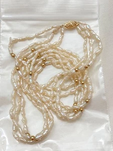 Vintage Delicate 19" 14K Yellow Gold 6mm Rice Pearl Beaded Multistrand Necklace - Picture 1 of 9
