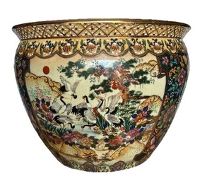 Vintage handbemalt Royal Satsuma großes Pflanzgefäß Jardinere Koi Fischschale 9,5"x12,5" - Bild 1 von 7
