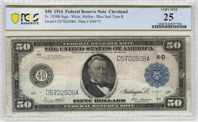 Fr.1039B 1914 Cleveland $50 Federal Reserve Note PCGS Very Fine 25 Comment - Image 1 of 2