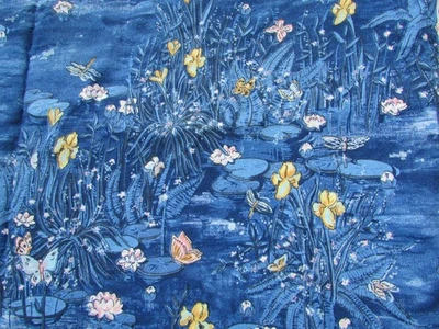 Blue Fabric Lilly Pads Pink Yellow Flowers Butterflies Marsh 43" Wide x 34" Long - Image 1 of 3