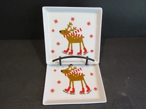 CRATE & BARREL Set of 2 Ice Skating Reindeer SQUARE Appetizer 5 3/4" Plates - Picture 1 of 6