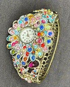 Reloj Pulsera Brazalete Brazalete Bisagras Cuarzo Floral Estrás Joyas Multicolor - Imagen 1 de 15