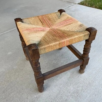 Vintage Wood Rope Stool 13" Square English? Oak? - Image 1 of 4