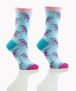 YO Sox "Hummingbird" Print Women's Crew Socks Blue, Fuchsia, & Pink - Imagen 1 de 2