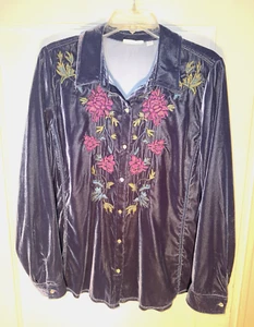 Camisa J Jill Azul Terciopelo Floral Bordada Talla L - Imagen 1 de 13