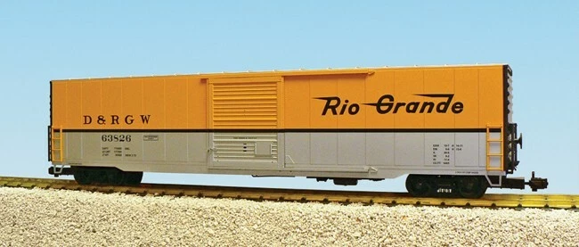USA Trains G Scale 60 Ft Single Door Box Car R19408A Rio Grande yel/sil/blk - Image 1 of 1