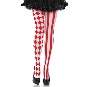 Red & White Harlequin Clown Mardi Gras Tights Pantyhose Costume Alice Wonderland - Picture 1 of 2