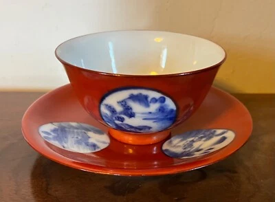 Antique Chinese Export Porcelain Tea Cup Bowl and Saucer Blue & White Red - Image 1 of 4