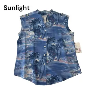Liz Claiborne Women SZ M Sleeveless Collared V Neck Blue Hawaiian Print Blouse - Picture 1 of 10