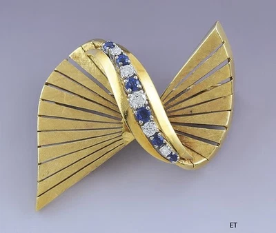 Superb European 18k Gold Sapphire and Diamond Bow Form Pin Brooch - Image 1 of 4