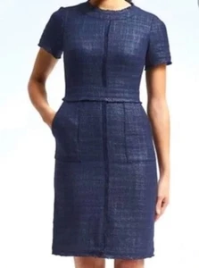 Banana Republic Coated Cotton Tweed Lined Navy Dress Frayed Edge 16 Quiet Luxury - Picture 1 of 10