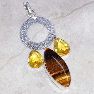 925 Silver Plated Tiger Eye Citrine Pendant Handmade Jewelry Size 3.2" GW - Image 1 of 3