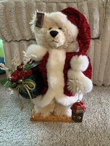 Homespun Creations Christmas Teddy Bear Wood Base 17" Tall - Picture 1 of 4