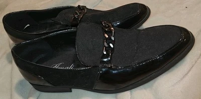 Amali black patent leather and suede loafers with a metal chain accent size 10.5 - Image 1 of 4