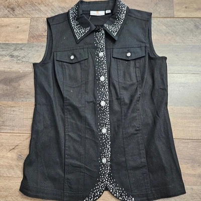 Quacker Factory Vest XXS Black Sleeveless Denim Studded Bling Swifty Jacket - Image 1 of 4