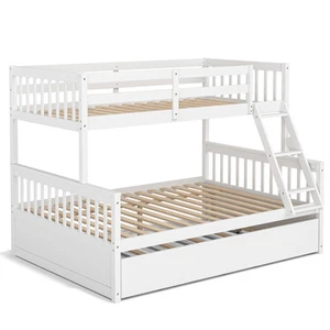 Twin Over Full Bunk Bed with Twin Trundle Convertible Platform Bed White - Picture 1 of 10