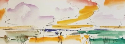 JOSE TRUJILLO - Pintura Acuarela ORIGINAL FIRMADA Moderna 4x11" Humedal Puesta de Sol Foto 1 de 4