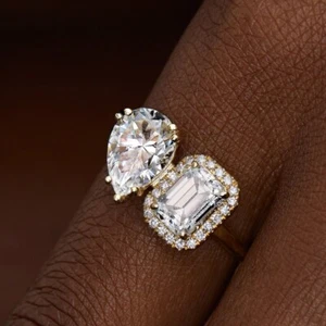 Two Stone Toi Et Moi Sterling Silver Moissanite Pear & Emerald Cut Women's Ring - Picture 1 of 5