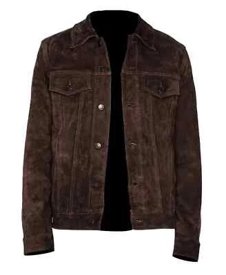 Chaqueta de camionero de cuero de gamuza real marrón oscuro estilo vaquero chaqueta clásica para hombre Foto 1 de 4
