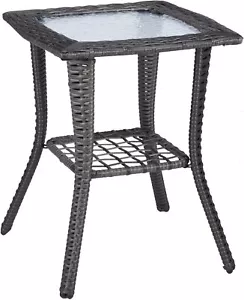 Outdoor Side Table with Storage Wicker Patio Side Table, Tempered Glass Top End - Picture 1 of 7