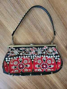 Isabella Fiore Embroidered Button Embellishments Black And Red Clutch - Picture 1 of 12