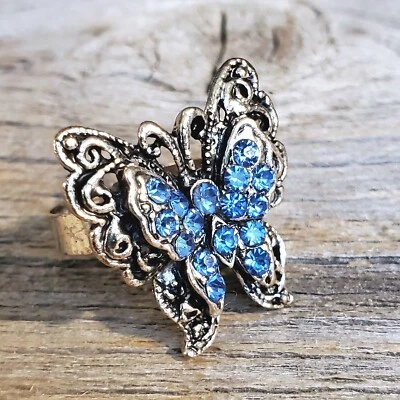 Anillo de Cóctel Brillante Vintage Cristal Azul Mariposa Plata Y2K Años 90 Foto 1 de 4