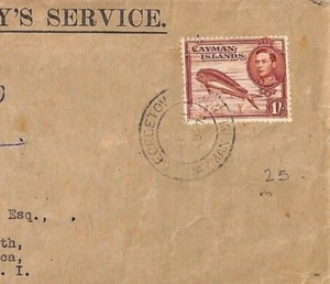 CAYMAN ISLANDS Cover OHMS 1s FISH Registered Air 1947 Dominica {samwells}FF6 - Picture 1 of 3