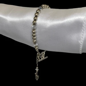 NB# Striking 7” Sterling 925 Beaded Silver Bracelet & Skate Charm - Imagen 1 de 8