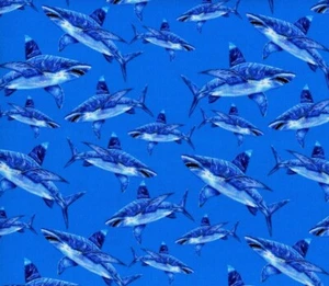 GREAT WHITE SHARK BLUE OCEAN Fabric 100% Cotton Material Sewing Crafts - Picture 1 of 1