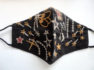 Maschera viso JOHNNY WAS in cotone nero ricamato con tasca filtro - Stars nuova con scatola - Foto 1 di 7