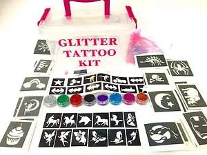 Boys Girls GLITTER TATTOO KIT 90 large 24 mini stencils OR REFILL items - Picture 1 of 17