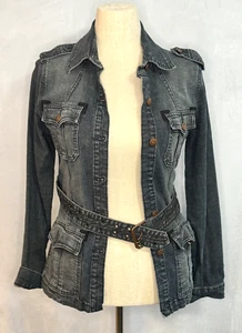 Vigoss Jeans Y2K Denim Metal Eye Belt Military Bikercore Dark Blue Small Jacket - Picture 1 of 8