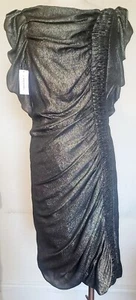 J Mendel Paris Gold Metallic Kurzarm gerafft Kleid Größe 14 Neu mit Etikett - Bild 1 von 7