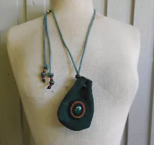 Jade Green Suede Leather Beaded Adjustable Drawstring Rasta Necklace Bag Pouch - Picture 1 of 8