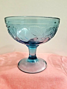Pressed Glass Light Blue Footed Embossed Fruit Dessert Bowl ~ France - Picture 1 of 3