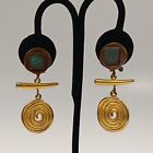 Vintage LCI Dangle Verdigris Copper Brushed Gold Clip Earrings Modernist Swirled