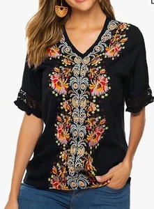 Floral Embroidered Black Lace Sleecve Edge Peasant Tunic Top Blouse  Boho 2XL - Picture 1 of 4