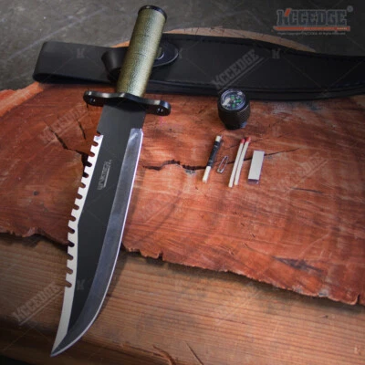 13 1/4" Two Tone Blade Rambo Hunting Survival Knife w/ Survival Kits Leather - Image 1 of 4