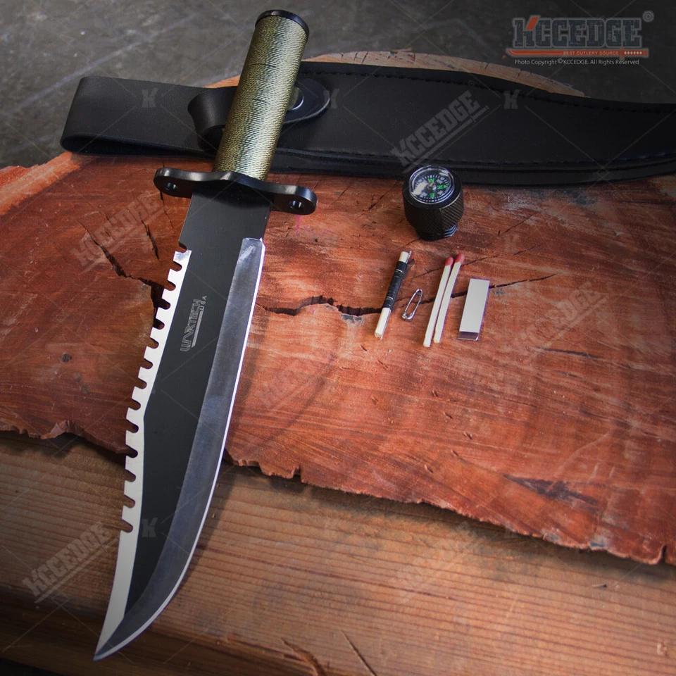 13 1/4" Two Tone Blade Rambo Hunting Survival Knife w/ Survival Kits Leather - Image 1 of 4