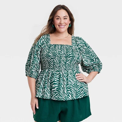 XXL - Camiseta Peplum Manga Codo Abullonada Mujer - Ava Viv - Cebra Verde Foto 1 de 4