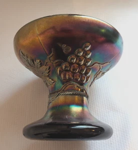 Vintage Indiana iridescente marrone carnevale vetro piedistallo composta ciotola raccolta uva - Foto 1 di 24