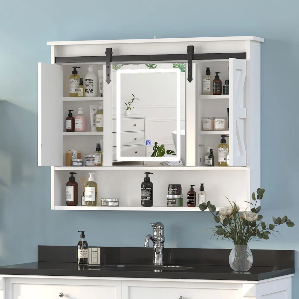 LED Medicine Cabinet Mirror Bathroom Wall Cabinet w/Lights and Sliding Barn Door - Image 1 of 4