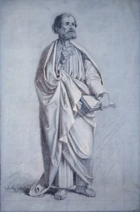 BLEISTIFT ZEICHNUNG PETRUS / EVANGELIST MIT BUCH MONOGRAMM EK GROßFORMAT UM 1900 - Picture 1 of 1